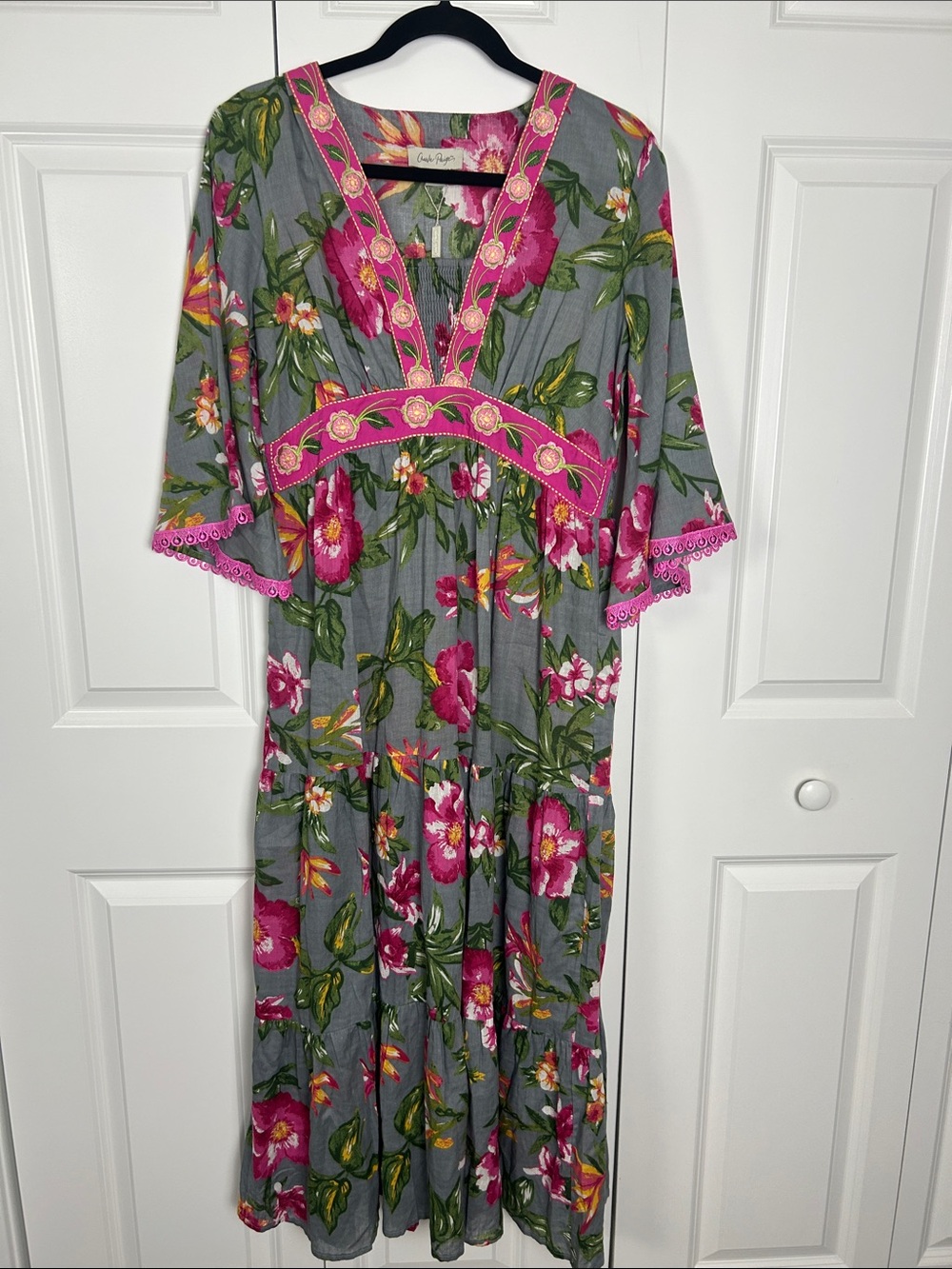 Charlie Paige Gray Maxi Dress with Pink Floral Trim Size Medium